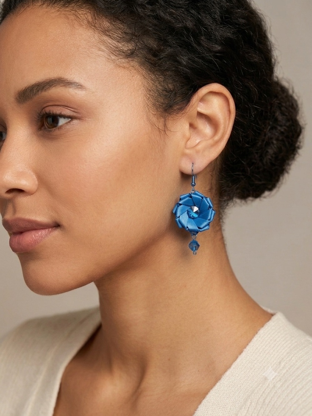 Palm Blue Floral Satin Drop Earrings - Women Jewelry From Oaxaca